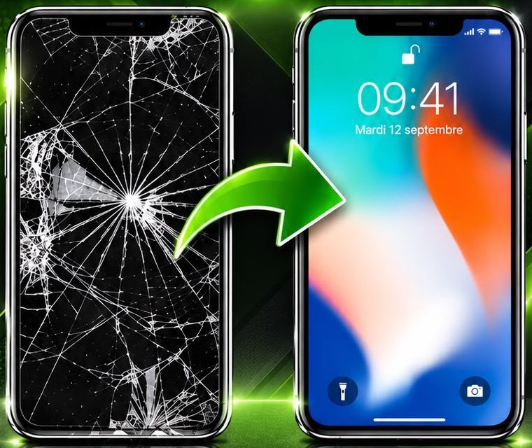 Téléphone à l'écran brisé, puis le même téléphone réparé